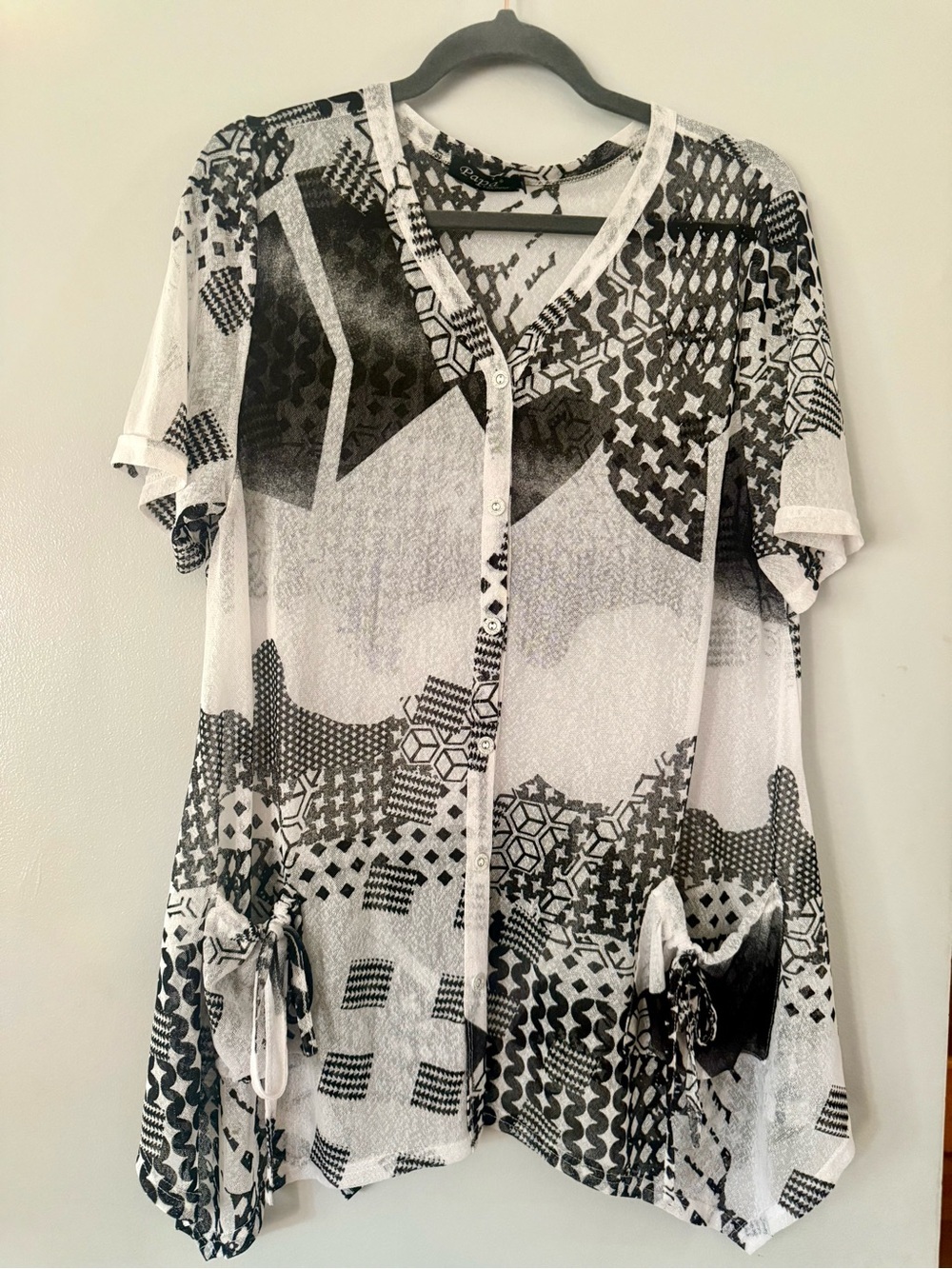 Papillon Black White Geometric Patchwork Sheer Tunic Blouse Shirt Size L